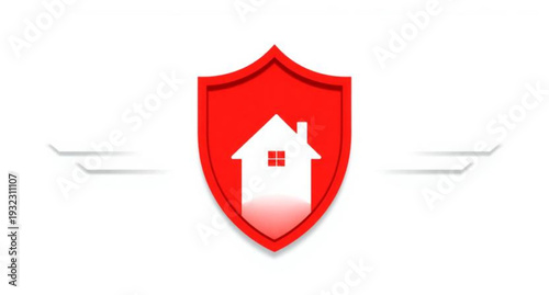 3D glossy red shield icon with a ribbon and house roof symbol for real estate web business logo design on a round button