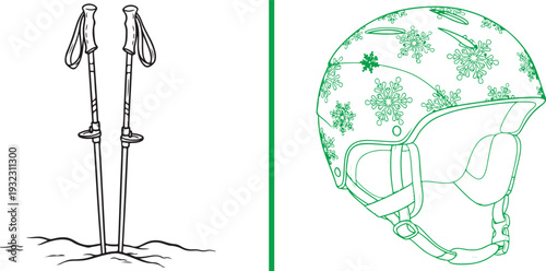 Hand-drawn green vector sketches: a pair of ski poles planted firmly in the snow and a protective ski helmet decorated with a snowflake pattern. Essential gear for a safe day on the mountain.
