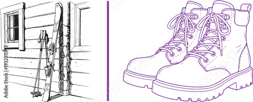 Hand-drawn vector sketches: a pair of skis leaning against a rustic log cabin wall and a pair of sturdy, lace-up winter boots. Purple and black line art capturing mountain life and winter gear.