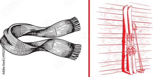 Hand-drawn vector sketches: a long, patterned knit scarf with fringed edges and a pair of skis leaning against a wooden wall. Classic winter apparel and equipment in a rustic mountain style.