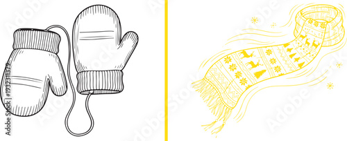 Hand-drawn vector sketches: a pair of cozy, string-connected mittens and a long, patterned knit scarf with fringed edges. Charming yellow and grey line art capturing essential winter warmth.
