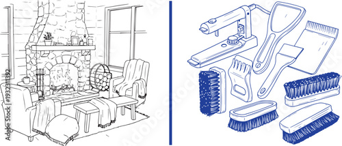 Hand-drawn blue line vector sketches featuring a cozy lodge interior with a stone fireplace and a set of assorted brushes and tools. Charming illustrations of alpine living and winter maintenance.