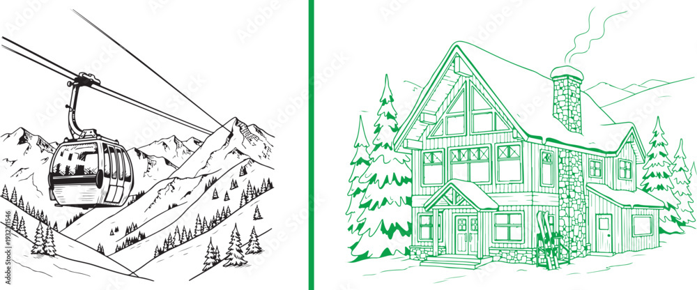 Fototapeta premium Scenic mountain resort sketches: a cable car gondola ascending snowy peaks and a large, two-story timber lodge with a smoking chimney. Green and black line art capturing a classic alpine getaway.
