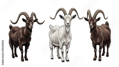 Three Goats Illustration: Two Brown and One White Farm Animals with Majestic Horns, Isolated on White