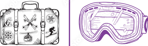 Hand-drawn vector sketches featuring a vintage travel suitcase adorned with alpine stickers and a pair of professional ski goggles. Classic line art representing winter sports and mountain travel.