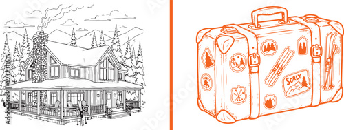 Rustic vector sketches: a large mountain lodge with a wraparound porch and a vintage travel suitcase covered in adventure stickers. Classic hand-drawn style capturing winter travel and alpine living.