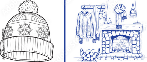 Cozy winter line art: a detailed beanie with snowflake patterns and a warm fireplace scene with a mantle, logs, and hanging winter clothes. Charming hand-drawn vector sketches in blue.