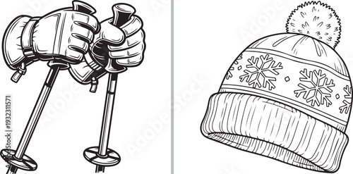 Hand-drawn vector sketches of a pair of gloved hands gripping ski poles and a cozy knit beanie with a snowflake pattern. Classic winter sports icons capturing the essence of alpine recreation.
