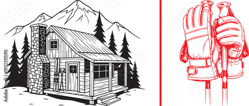 Black and white woodcut of a cozy mountain cabin nestled among pine trees, paired with red line art of winter gloves and ski poles. Rustic outdoor adventure and winter sports vector illustration.