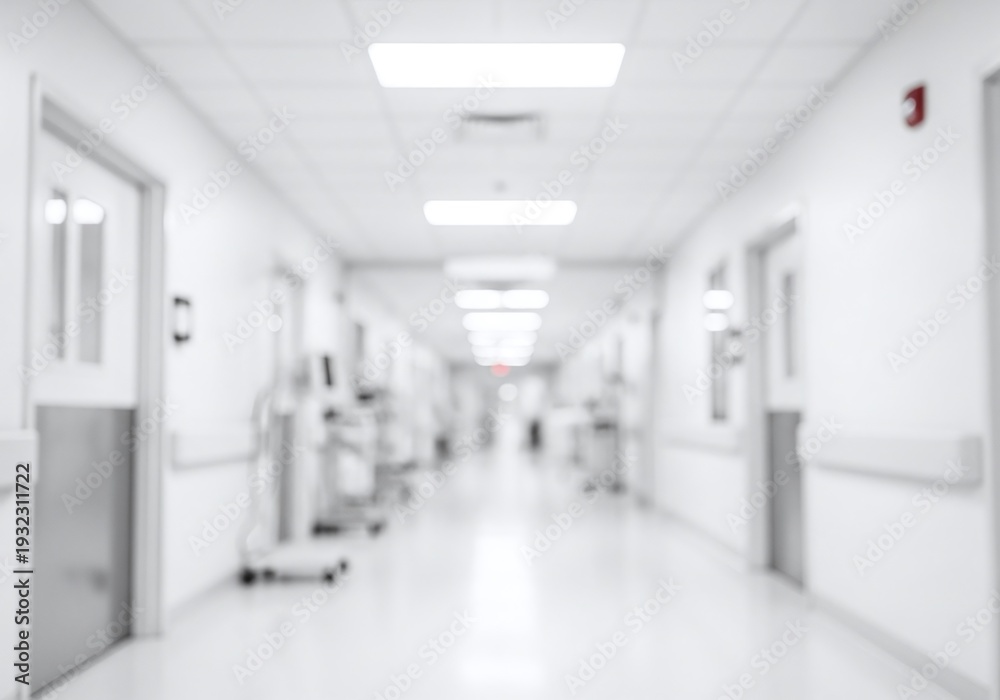 Obraz premium Blurred hospital corridor with medical equipment and doors