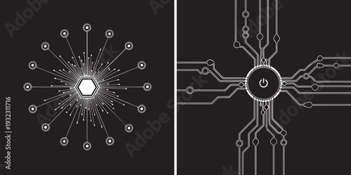 Two abstract vector icons on black backgrounds: a glowing hexagonal starburst with radial circuit lines and a power symbol at the center of a complex microchip grid. Futuristic tech aesthetics.