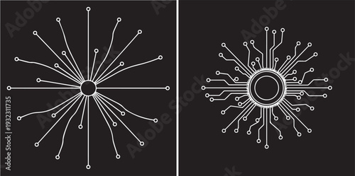 Sleek vector collection of radial circuit patterns and network diagrams in black, white, and blue. Minimalist designs symbolizing data distribution, connectivity, and digital infrastructure.