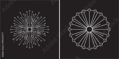 Two minimalist white vector designs on black: a complex, radial circuit board mandala and a geometric, spoke-and-wheel circular icon. Sleek, technical, and symmetrical digital art.