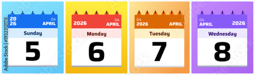 Clean and colorful daily calendar design presenting April 5,6,7,8 2026. Perfect for modern scheduling visuals, printable planners, and digital reminder applications