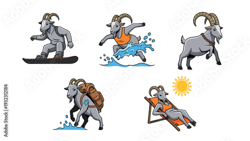 Cartoon Goats Engaging in Diverse Activities: Snowboarding, Surfing, Hiking, and Beach Relaxation Vector Set