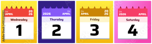 Fresh and modern daily calendar layout highlighting April 1,2,3,4, 2026. Clear date hierarchy and colorful header bars enhance visibility for reminder and planner designs