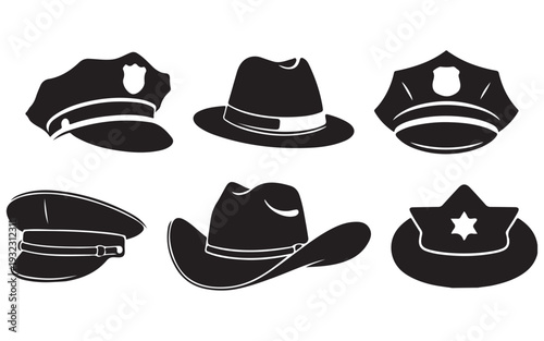 Black Hat Silhouette Icon Set – Fedora, Cowboy, Bucket and Police Caps Fashion Headwear Vector Collection Isolated on White Background