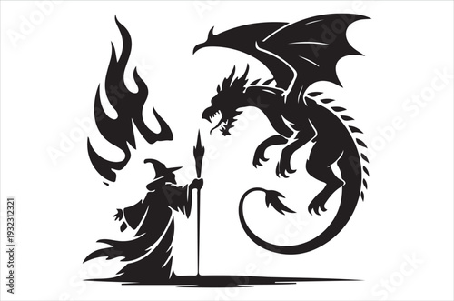 A wizard confronts a fearsome black dragon with fiery breath