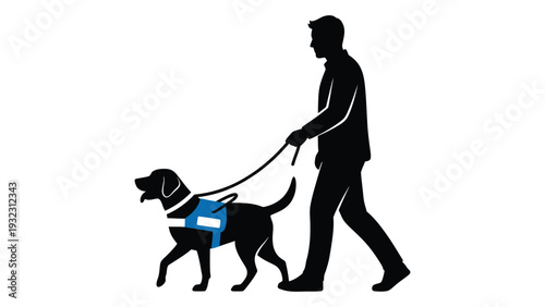 A man walks his guide dog on a leash isolated on white background, Vector