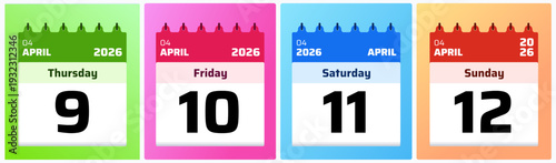 Vibrant and modern calendar date design featuring April 9,10,11,12 2026. Perfect for productivity dashboards, reminder posts, and creative time management graphics