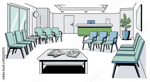 Empty doctor's office waiting room with chairs and reception desk