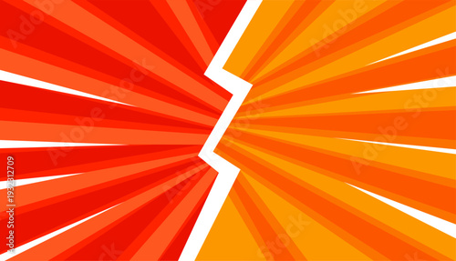 Dynamic red and orange comic book style background with lightning bolt split.