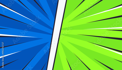 Dynamic comic book style background with vibrant blue and green radial lines.