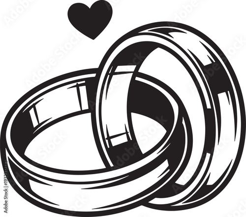 Two intertwined wedding rings and a heart, symbolizing love, marriage, commitment, and eternal union