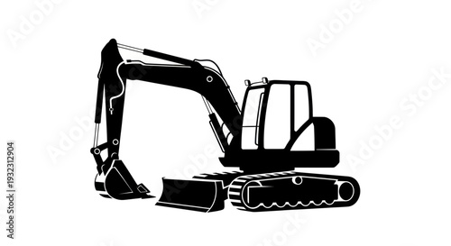 Black excavator silhouette on white background, construction heavy machinery illustration