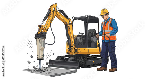 Construction worker operating mini excavator with jackhammer breaking concrete