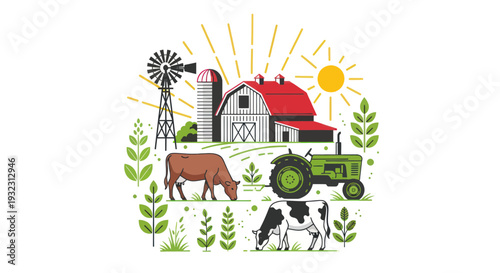 Farm Scene with Tractor, Cows, Barn, and Windmill Under Sunny Sky