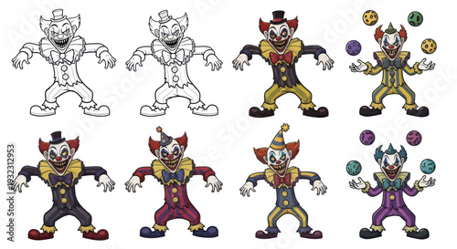 Funny Clown Characters Collection: Line Art, Colored Versions, and Juggling