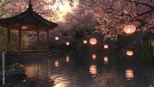 Serene Japanese Garden at Dusk with Cherry Blossoms and Lanterns.