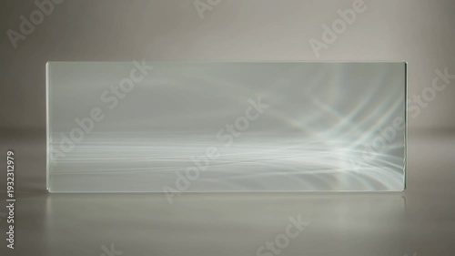 A clear rectangular prism glass block refracting light into abstract patterns on a reflective surface, representing science and optics