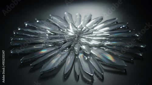 Dynamic abstract crystalline structure showcasing a radiant radial design with intricate light refractions, set against a sophisticated dark background for a futuristic aesthetic