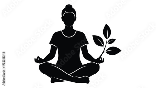 A woman sits cross-legged holding a plant isolated on white background, Vector