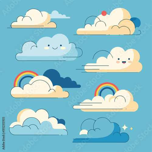 Whimsical illustration of fluffy clouds, rainbows, and sunshine