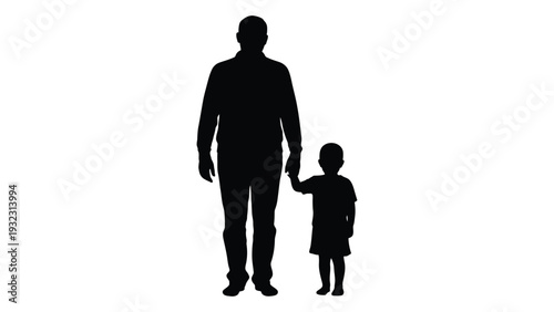 A father and child holding hands in silhouette isolated on white background, Vector