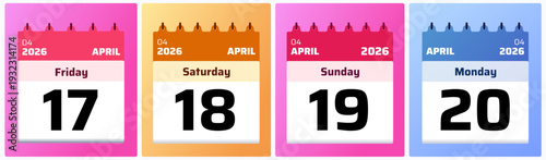 Contemporary flat calendar blocks highlighting April 17,20 2026. Clear weekday labels and bright background accents create a fresh look for productivity and scheduling themes