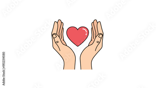 Pair of human hands gently holding red heart shape as symbol of love care charity and support for healthcare and social causes.
