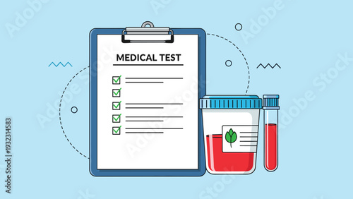 Medical test report on clipboard with green checkmarks next to test tubes and containers for blood and urine analysis in laboratory.