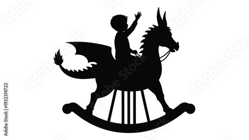 A silhouette of a child riding a rocking horse toy isolated on white background, Vector