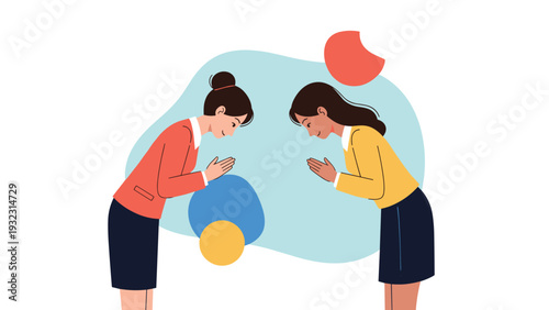 Two business women in formal suits bowing to each other as sign of respect and professional greeting in traditional business culture.