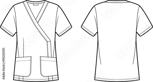 Medical scrub top technical flat sketch, front and back view healthcare uniform apparel CAD vector illustration template
