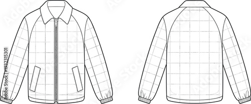 Men's quilted bomber jacket technical flat sketch, front and back view, apparel CAD drawing for fashion design template vector illustration