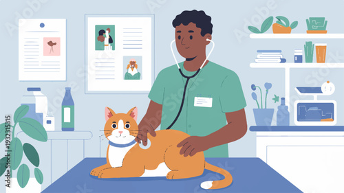 Veterinarian examining orange cat on blue table in clinic with green scrubs and stethoscope