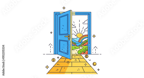 Open Door to Vibrant Landscape with Rainbow and Sunshine