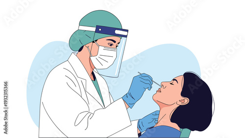 Medical worker in protective gear taking nasal swab sample from woman for diagnostic testing during pandemic or infectious disease outbreak.