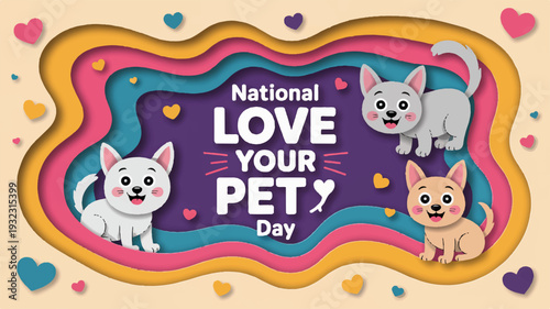 National love your pet day banner with cute cats and colorful hearts on beige background