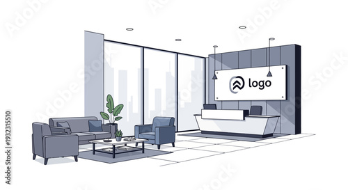 Modern Office Reception Area with Seating and Logo Display